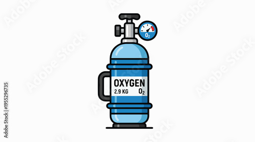 An illustrated blue oxygen cylinder with a regulator, pressure gauge, handle, and OXYGEN text, depicted on a plain white background.