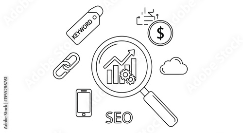 Search engine optimization concept with magnifying glass keywords and digital elements