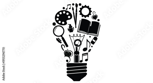 A lightbulb silhouette filled with artistic tools and creative symbols