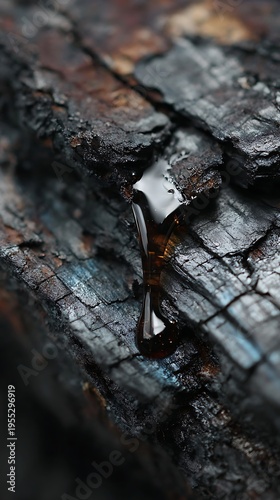Viscous amber sap slowly dripping from dark, charred wood surface
