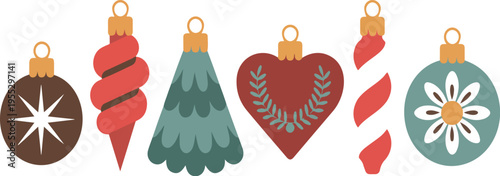 Set of flat vector illustrations of vintage Christmas ornaments featuring festive holiday baubles in retro style with unique shapes and patterns