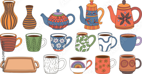 Set of handmade ceramic mugs, vases, teapots, and wooden tray in hand-painted style, perfect for craft, kitchen, and home decor vector illustration