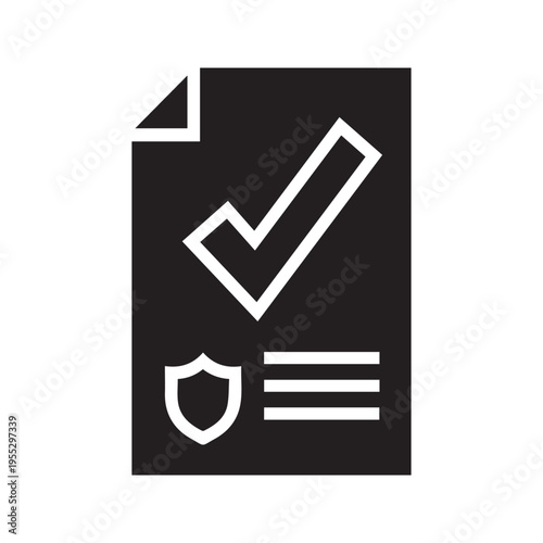A black and white icon of a document with a checkmark and shield