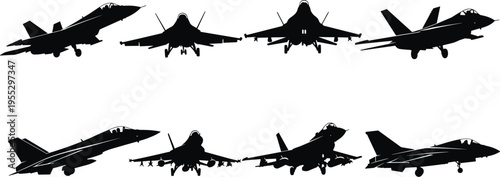 Collection of military fighter jet silhouettes in various flight positions and angles, black aviation vector elements for air force and defense themed designs.