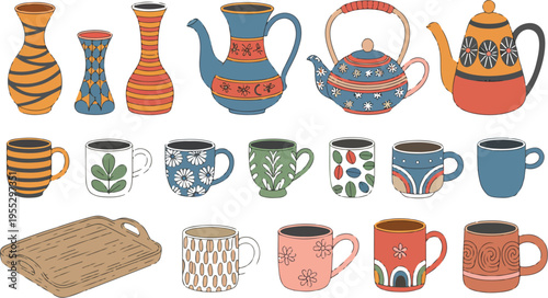 Set of handmade ceramic mugs, vases, teapots, and wooden tray in hand-painted style, perfect for craft, kitchen, and home decor vector illustration