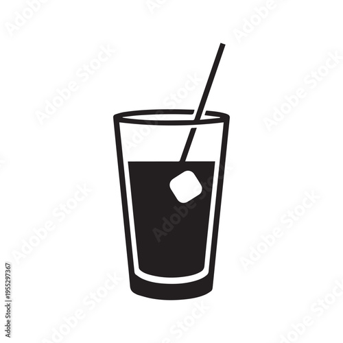 A simple glass of dark liquid with ice cube and straw