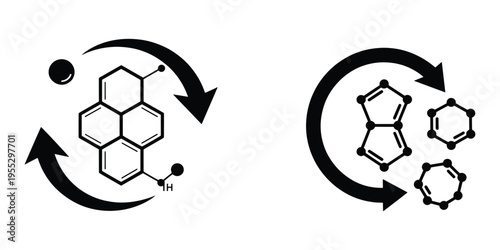 Icons illustrating molecular transformations with circular arrows, showcasing chemical reactions and scientific research concepts.
