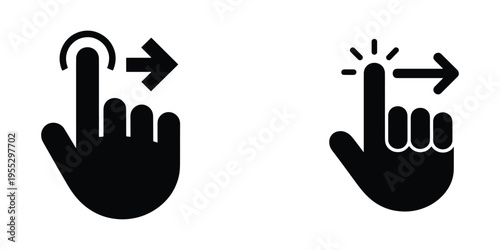 Set of two black icons showing a hand with a finger swiping right, indicating digital interaction and navigation.