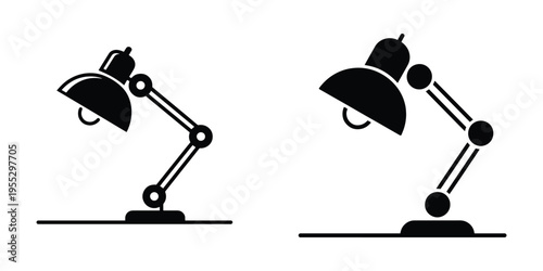 Set of two adjustable desk lamp icons, representing light, creativity, and productivity in a simple, modern vector style.