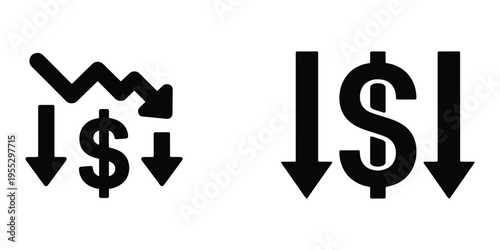 Icons illustrating financial decline with downward trending charts, dollar signs, and arrows.