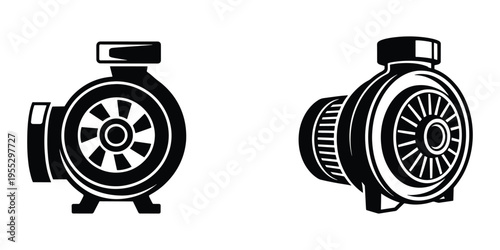 Two black and white icons of a centrifugal pump, one in profile and one in front view, representing fluid dynamics and industry.