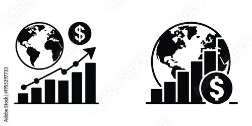 Global financial growth icons showing upward trending bar charts with a globe and dollar sign.