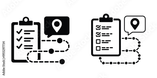 Two icons featuring a clipboard with a checklist and a map pin, connected by a road or path, symbolizing travel planning and route optimization.
