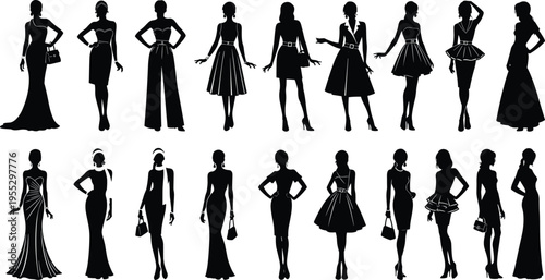Elegant fashion silhouettes collection featuring stylish women in glamorous evening gowns, cocktail dresses, and chic accessories for professional design, luxury beauty, and apparel projects.
