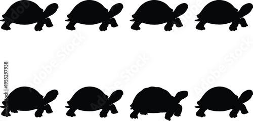 Eight identical black silhouettes of a tortoise walk side-by-side on a white background, representing slow and steady progress.