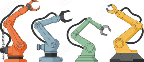 Set of colored outline drawings of modern automation technology featuring robotic arms and artificial intelligence support for industrial applications vector illustration