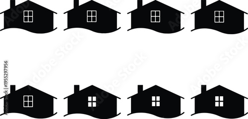Eight identical black silhouettes of a simple house with a chimney and window stand on a wavy line against a white background.