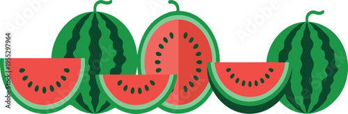 Set of fresh watermelon illustrations featuring whole, cut, half, and sliced fruit with red flesh and black seeds, summer food vector