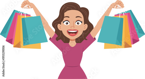 Happy women looking up with shopping bags vector illustration, modern female shoppers enjoying retail therapy and fashion sale