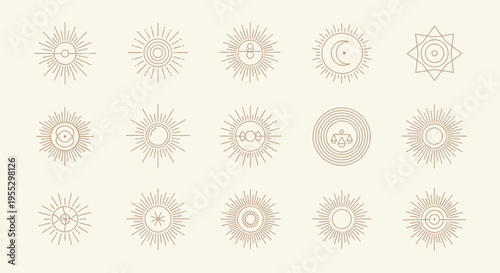 Collection of Celestial Sun and Moon Symbols.