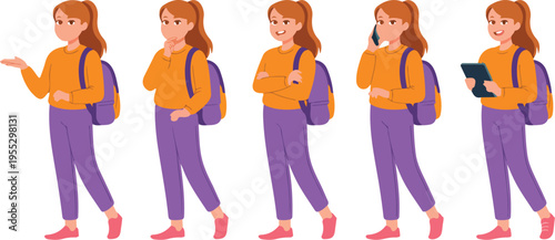 Young woman with backpack character set showing different gestures isolated vector illustration for student lifestyle travel and daily activities