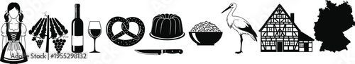 German Culture Icon Set Featuring Traditional Dirndl Dress Wine Bottle Grapes Pretzel Bundt Cake Stork Half Timbered House and Germany Map Silhouette Isolated on White Background