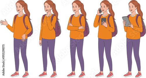 Young woman with backpack character set showing different gestures isolated vector illustration for student lifestyle travel and daily activities