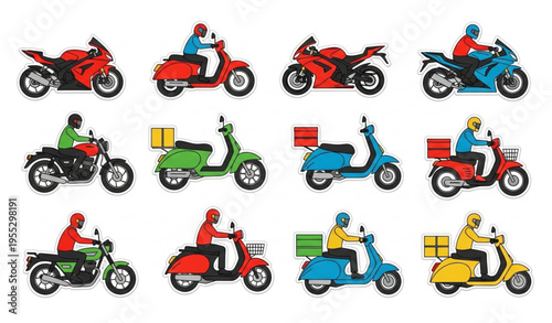 Motorcycle Sticker Icon Set with Sports Bikes Scooters and Delivery Vehicles