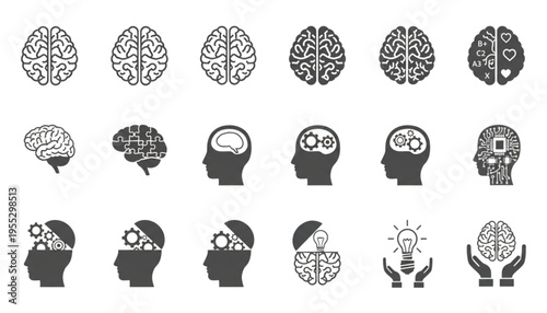 Brain Icons Set for Innovation, Learning, Ideas, and Mental Health Awareness in Digital Design