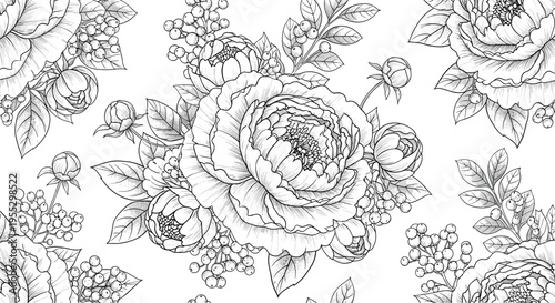 Hand Drawn Black and White Peony Flower Sketch Illustration Featuring Vintage Botanical Floral Elements Engraved Style Rose Buds and Berries on White Background