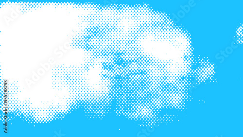 Vector Halftone clouds float azure sky and abstract dot art evoke gentle breeze and serene day dream and airy sky texture and dreamy graphic pattern and digital design element and cool tone.