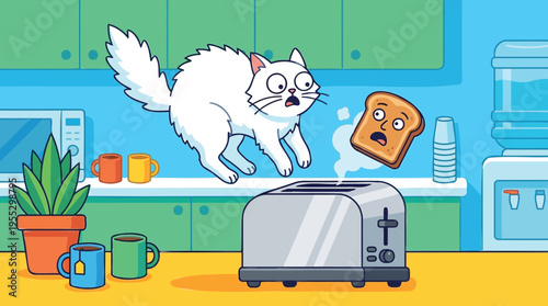A surprised white cat dramatically leaps away in terror as a piece of startled toast comically pops out of a toaster in a vibrant, colorful kitchen scene, capturing a hilarious domestic moment