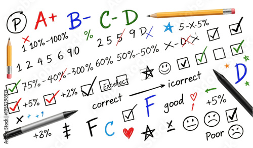 Set of school grading marks and education symbols with pens for teacher feedback and assessment design