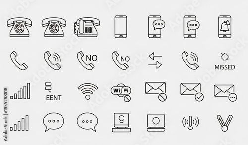 Set of thin line communication icons featuring telephones mobile devices messages and connectivity symbols for web