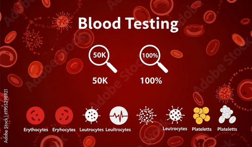 Educational medical infographic showing blood cell analysis with magnified erythrocytes leukocytes and platelets