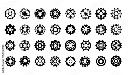 Comprehensive collection of various mechanical gear icons and cogwheel symbols for industrial and tech design