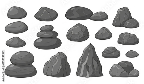 Collection of various grey stone shapes and rock formations including stacked pebbles for nature design