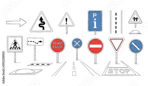 Hand drawn traffic signs and road safety symbols for driving education and urban navigation visual aids