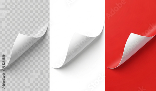Blank white and red paper page corners curled with shadow effect for document branding and website design templates
