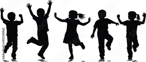 Happy children black silhouette collection featuring active boys and girls jumping dancing and playing with raised hands for childhood and school education design.