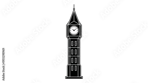 Classic Clock Tower Solid Silhouette with Round Clock Face on Isolated White Background