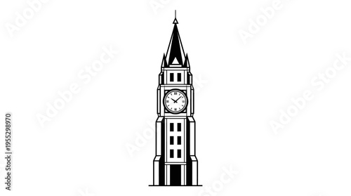 Big Ben clock tower iconic London landmark silhouette, isolated white background.