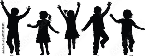 Happy children black silhouette set featuring active boys and girls jumping dancing and playing with raised hands for childhood and school education design.