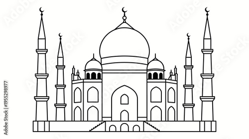 Iconic Taj Mahal Outline Drawing on Isolated White Background