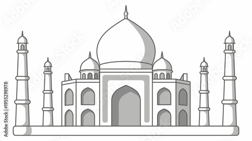Taj Mahal Indian mausoleum famous landmark outline, isolated white background.
