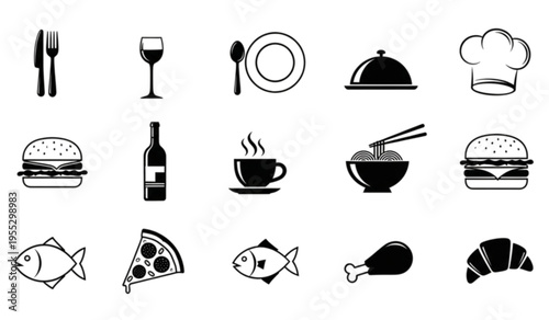 Professional black and white vector icon collection of dining and gourmet food items for restaurant branding