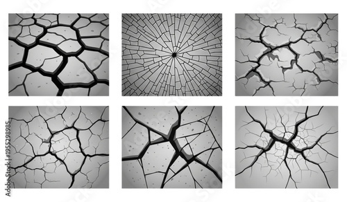 Set of cracked surface textures and shattered glass effects for disaster destruction and distressed graphic design