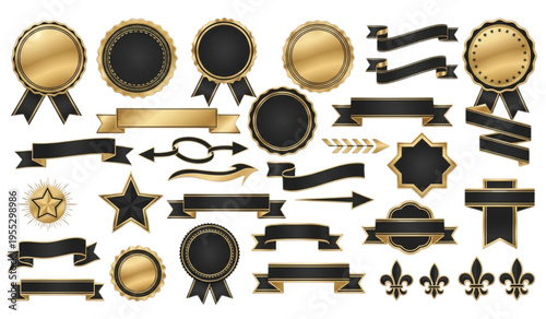 Luxury golden and black award badges ribbons and decorative frames for certificate design and premium branding