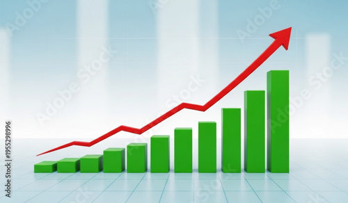 Professional 3d render of a growing green bar chart with a red arrow showing positive financial performance