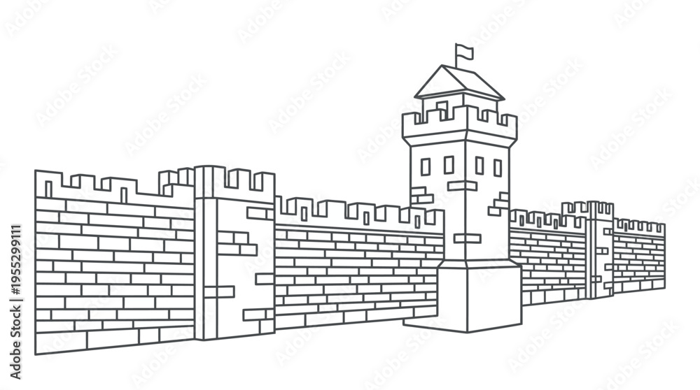 Naklejka premium Great Wall of China Section with Watchtower and Fortifications on Isolated White Background